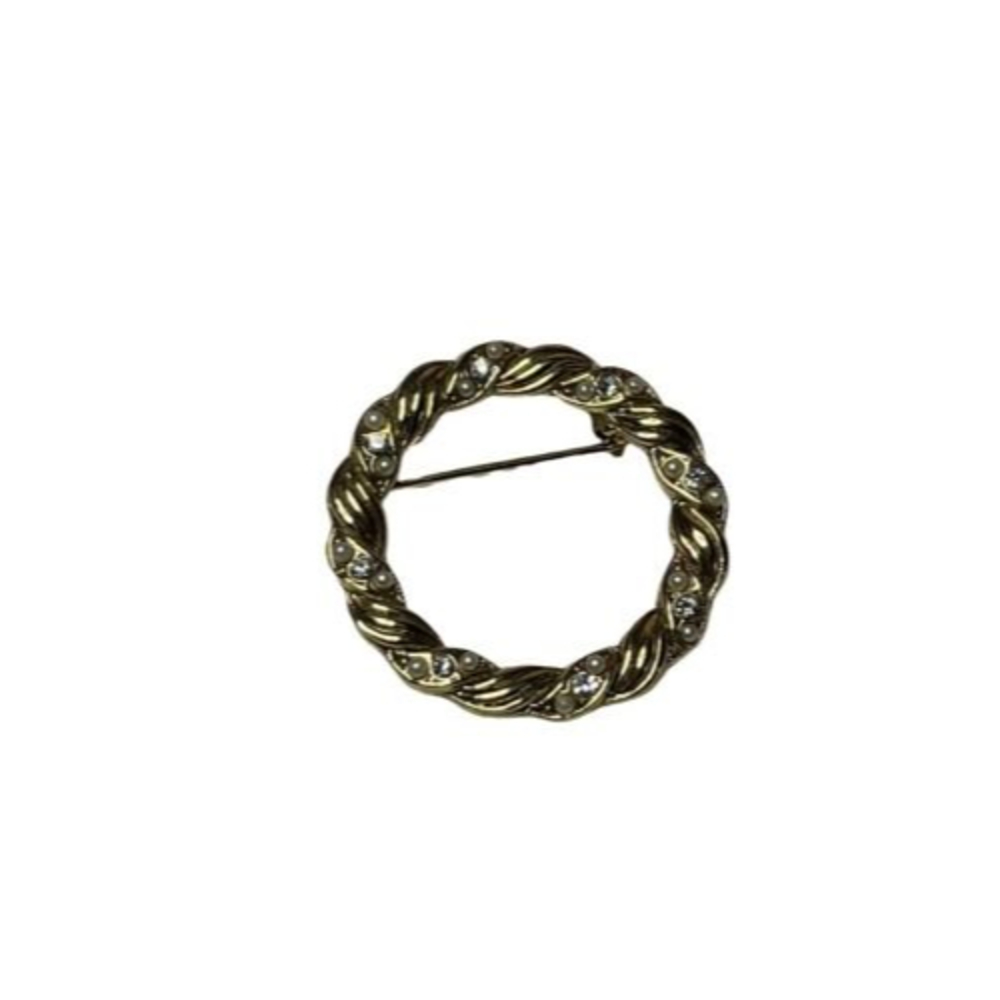 Wreath Circle Brooch Gold Tone Faux Pearl Clear Rhinestone Pin 1.5"